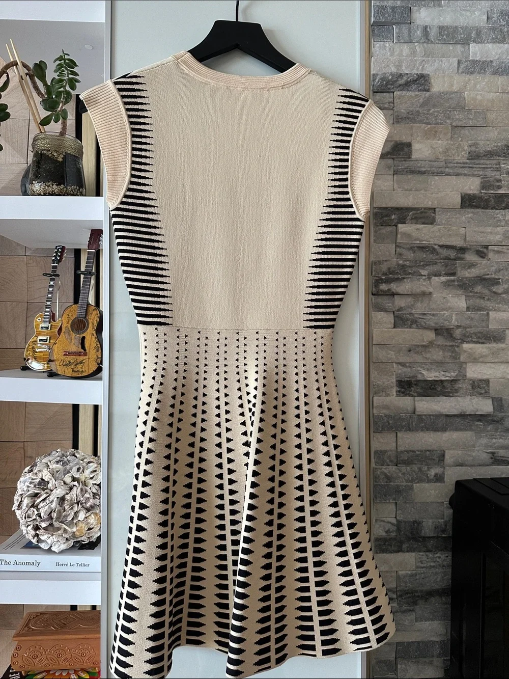 Gracia Cream and Black Geometric Knit Midi Dress